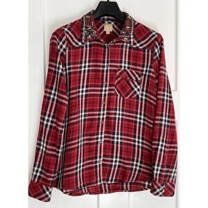 Guess Womens‎ Sz Med Snap Front Red Plaid Long Sleeve Shirt Embellished Collar